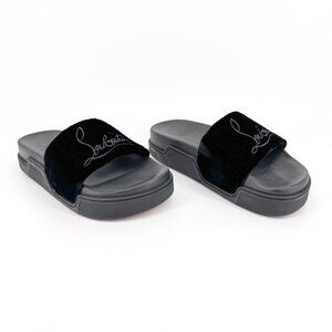 Christian Louboutin 'Navy Pool' Slide Sandals Size 37 US 7 Black Velvet Logo 27